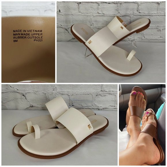 MICHAEL KORS 'AUGUST' LEATHER TOE-RING SLIP-ON SLIDE SANDALS IVORY TUSK 8 - Picture 12 of 16